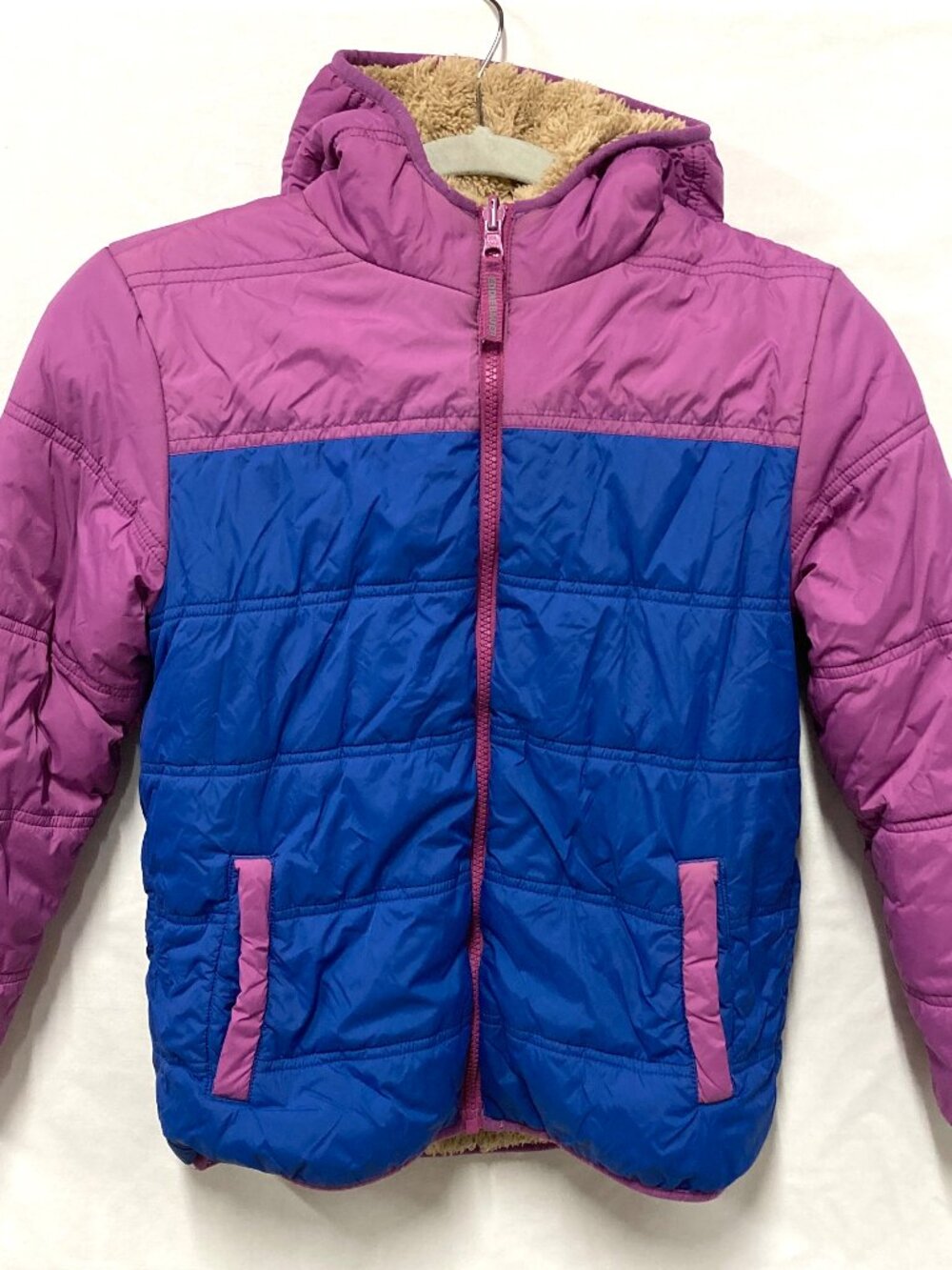 Eddie Bauer Puffer Jacket Girls Medium 10 12 Hooded Faux Sherpa Lined Reversible